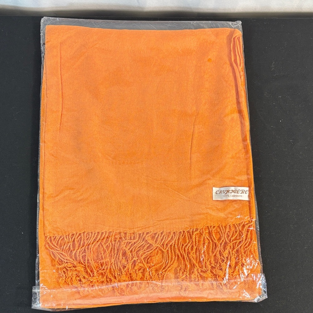 100% Cashmere Orange Fringe Scarf Wrap